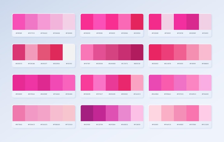 Vettore guida al catalogo della tavolozza dei colori di tendenza rosa in rgb hex. le sfumature della tavolozza di tenui colori pastello.