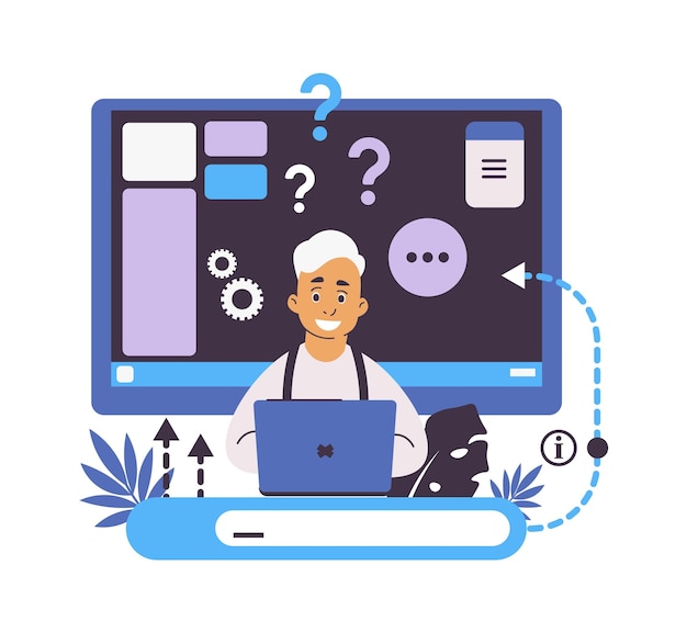 Guida in linea e forum Web Ricerca di informazioni Domande frequenti o assistenza clienti Feedback con clienti confusi Uomo che fa domande Persona vettoriale che scrive query all'assistenza aziendale