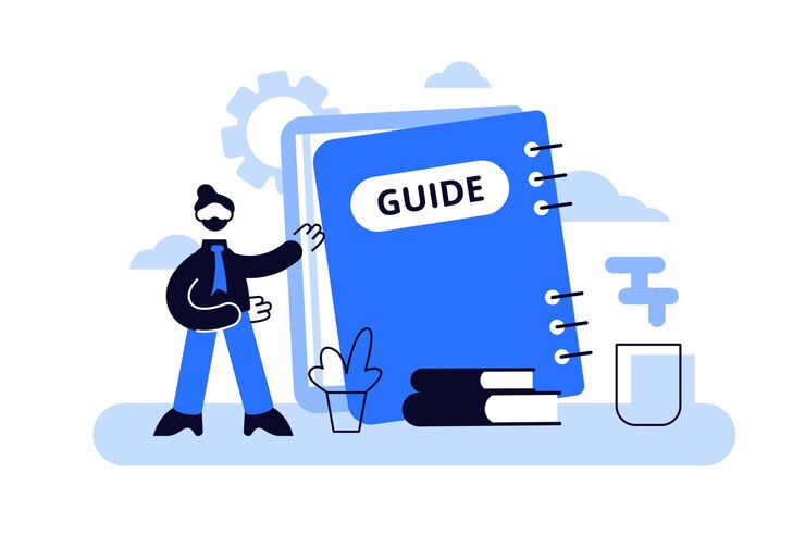 Guida. Piatto minuscolo tecnico FAQ informazioni persone concetto.