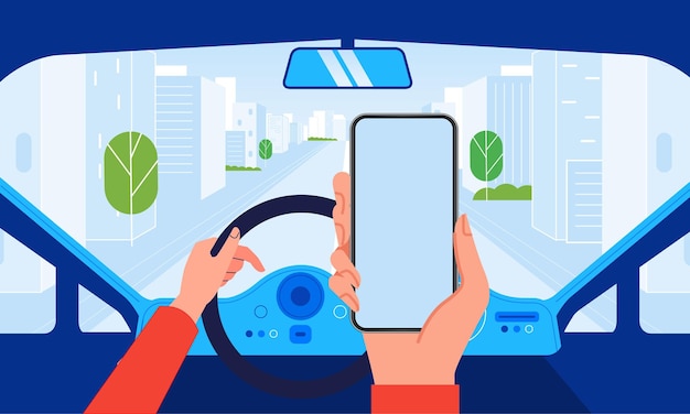 Guidare un'auto sulla strada della città vista interna del cruscotto vista sullo schermo dello smartphone a mano