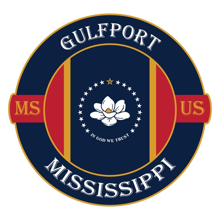 Vettore gulfport mississippi flag usa travel souvenir seal stamp badge sticker logo vector illustration eps