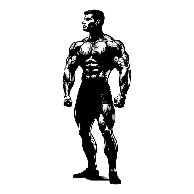 Gym bodybuilder disegnato a mano incisione penna e inchiostro illustrazione vettoriale