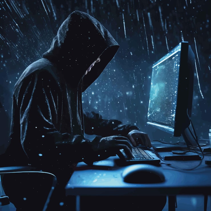 Vettore hacker che utilizza un computer portatile hacker che utilizza un computer portatile giovane hacker in cappa e laptop