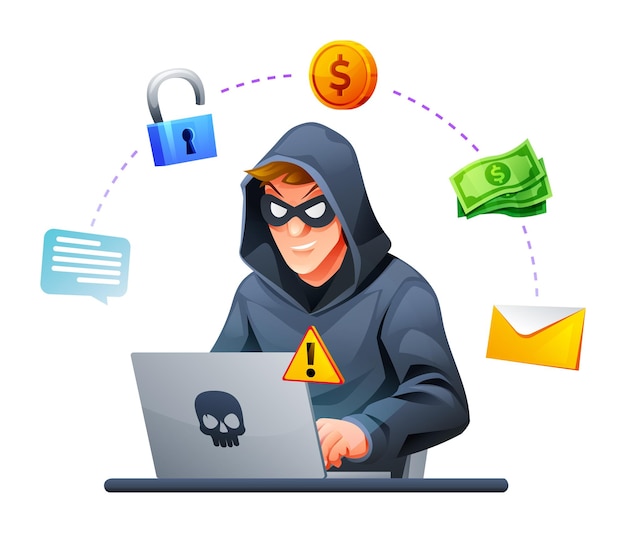 Hacker con laptop che ruba informazioni e dati confidenziali Attacco cibernetico e vettore di sicurezza