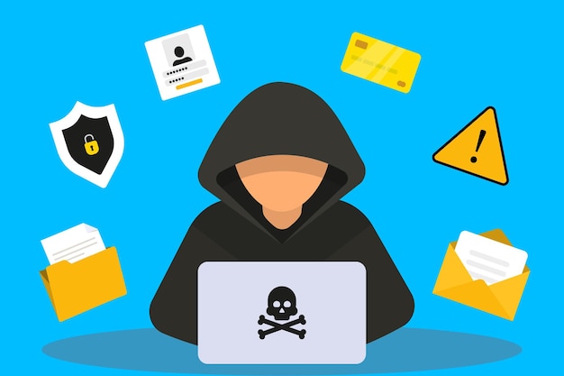 Hacker criminale informatico con laptop Hacker in cappa nera con laptop che tenta di attacco informatico Hacker e criminali informatici phishing che rubano dati personali privati Truffa e furto online