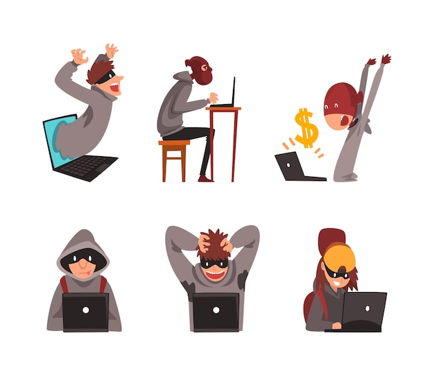Hacker e criminali informatici che rubano dati personali privati e denaro Vettore di cartoni animati di criminalità informatica e frode