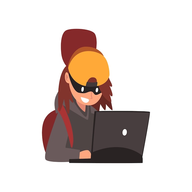 Hacker femminile che ruba informazioni dal portatile Criminalità su Internet Tecnologia della sicurezza informatica Illustrazione vettoriale di cartoni animati su sfondo bianco