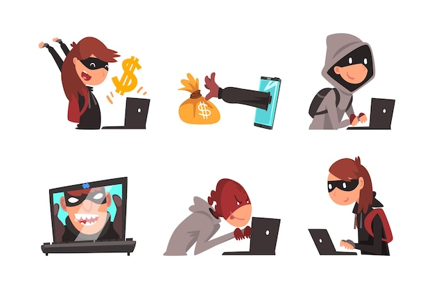 Hacker maschi e femmine truffatori che hanno accesso a dati personali e bancari Criminalità informatica e frode Illustrazione vettoriale di cartoni animati