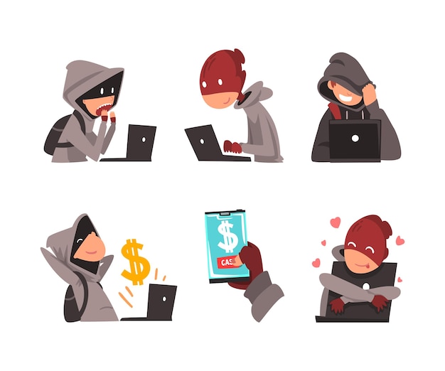 Hacker truffatore che ruba dati personali privati e denaro dal portatile Criminalità informatica e frode Illustrazione vettoriale di cartoni animati