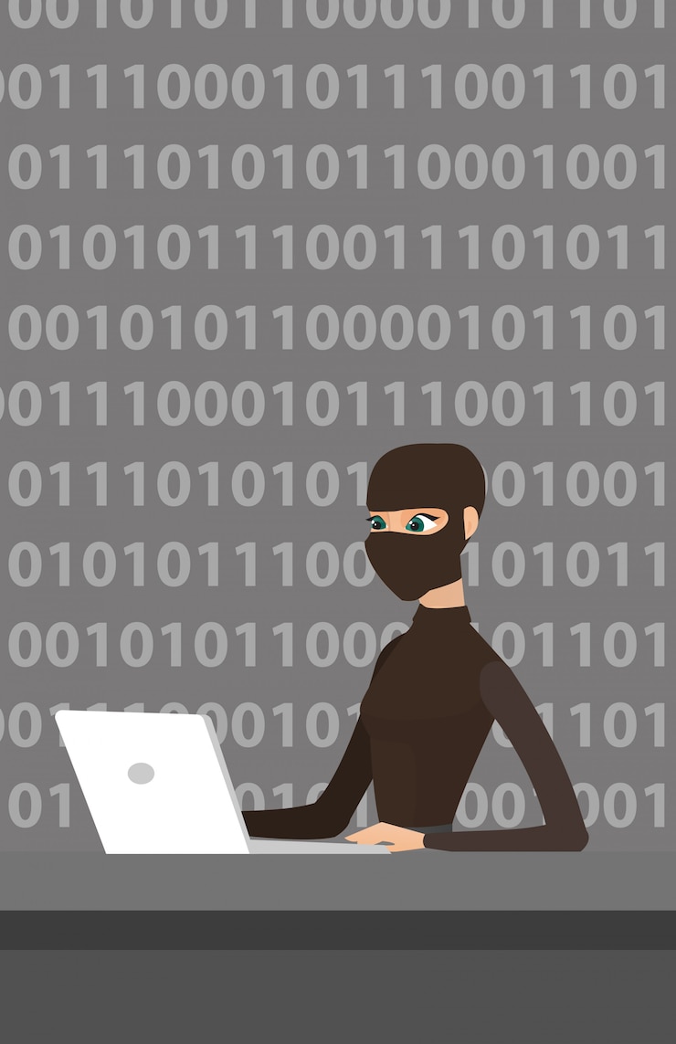 Vettore hacker usando il portatile per rubare informazioni