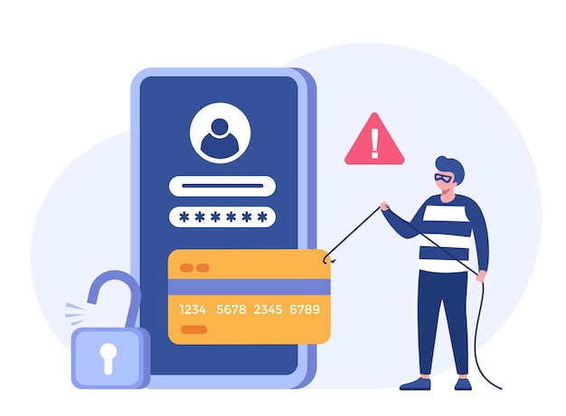Hacking truffa di phishing e protezione dagli errori criminalità informatica sistema di sicurezza internet tecnologia design piatto illustrazione vettoriale banner e sfondo