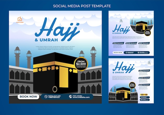 Hajj e umrah social media post disegno vettoriale con colore blu e vettore kabah