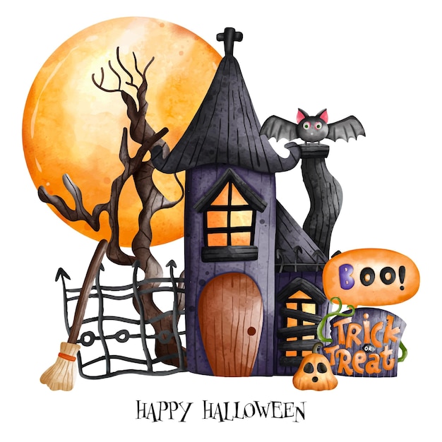 Halloween Casa stregata con luna piena Happy Halloween Elemento di Halloween Decorazione di HalloweenxDxA