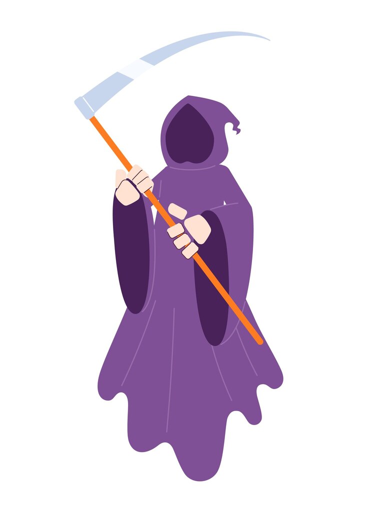 Vettore halloween death flat concept vector spot illustration grim reaper holding the scythe personaggio di cartone animato 2d in bianco per web ui design spirit helloween cosplay isolato immagine di eroe creativo modificabile
