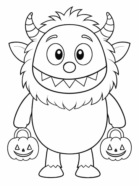Halloween Monster Coloring with Pumpkins Monstro adorabile che tiene cesti di zucche