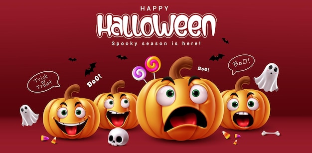 Halloween zucche personaggi vector banner design Happy Halloween testo di saluto con zucche carine