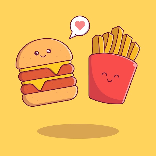 Hamburger carino e patatine sorridenti con amore personaggi dei cartoni animati piatti.