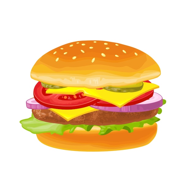 Hamburger con carne, lattuga, formaggio, cipolla e pomodoro.