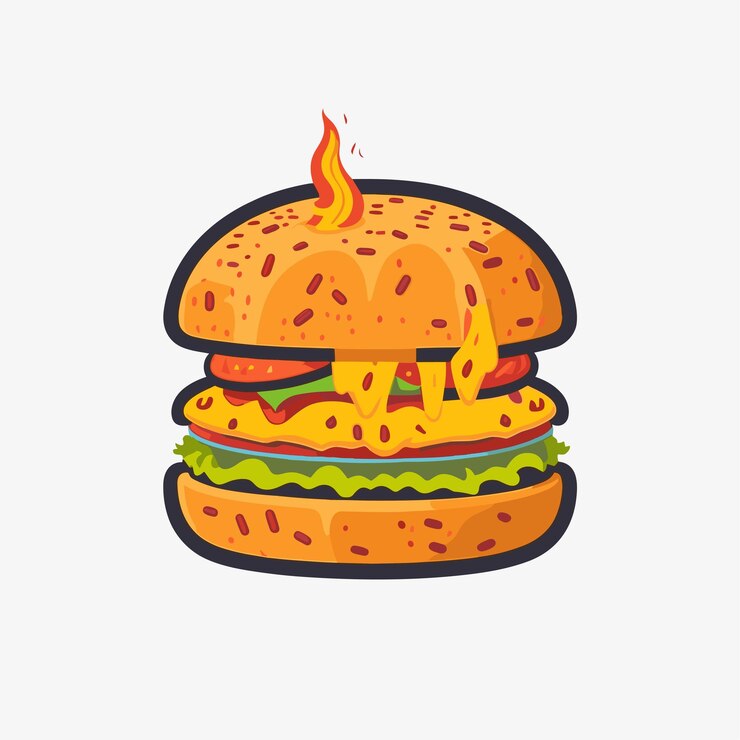 Hamburger di formaggio con illustrazione dell'icona del vettore del fumetto del fuoco concetto dell'icona dell'oggetto dell'alimento premio isolato