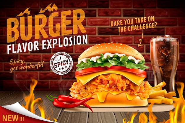 Hamburger di pollo fritto piccante delizioso con fuoco ardente e menu fisso