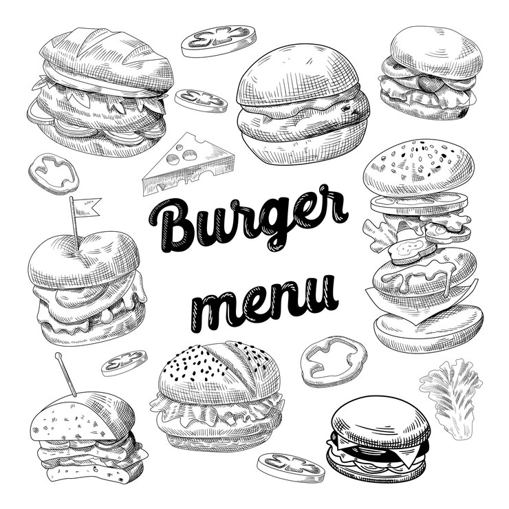 Vettore hamburger disegnati a mano sulla lavagna