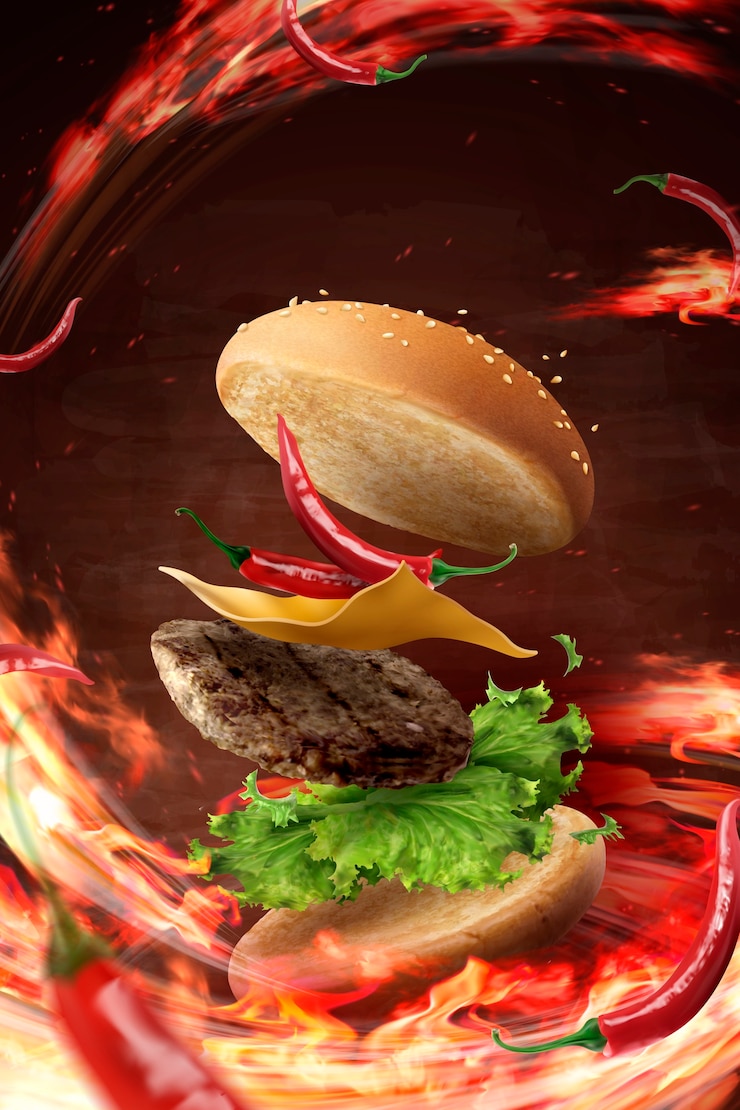 Vettore hamburger freddo caldo che vola nell'aria con fuoco ardente nell'illustrazione 3d