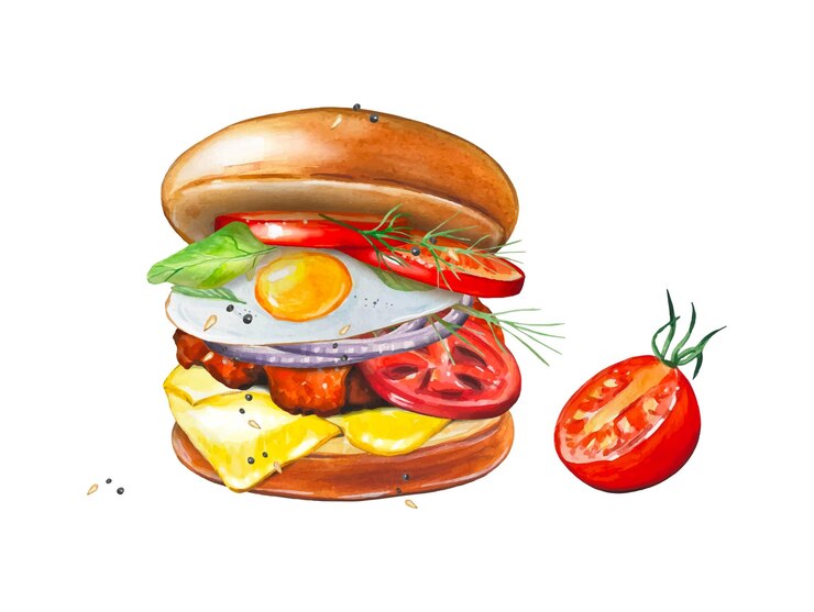 Vettore hamburger freschi e gustosi con pomodoro acquerello