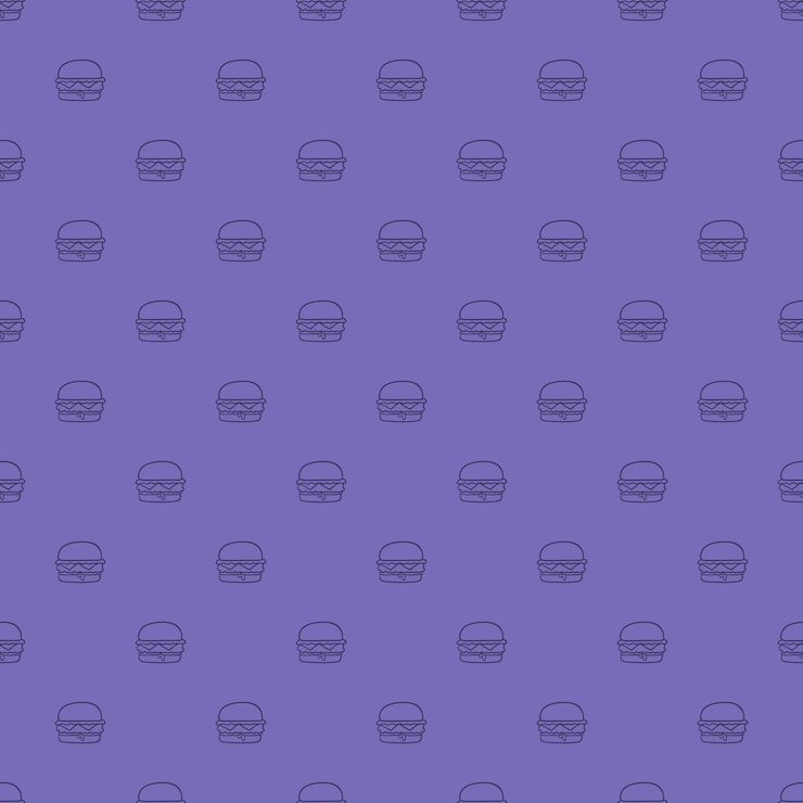 Vettore hamburger modello vettoriale senza soluzione di continuità su sfondo scarabocchio viola