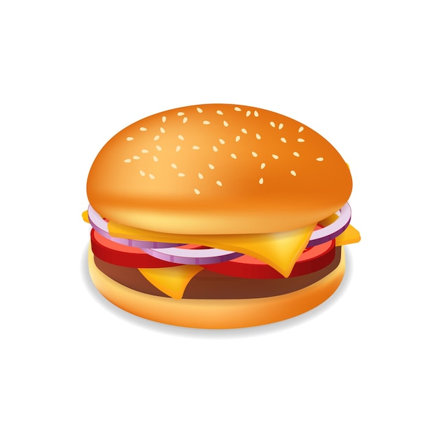 Hamburger o cheeseburger realistico con carne e formaggio Illustrazione del pasto fast food