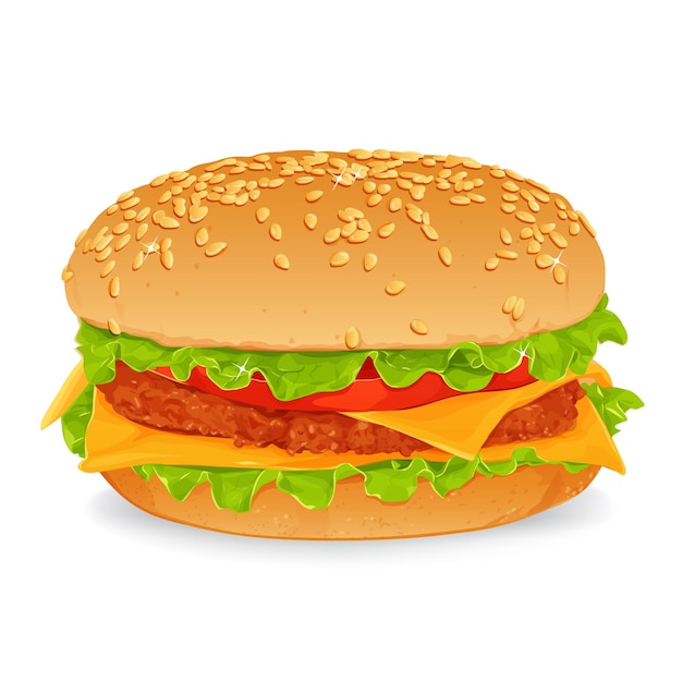 Hamburger realistico fast food icona isolata su sfondo bianco illustrazione vettoriale.