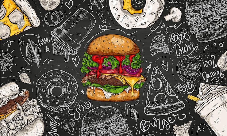 Vettore hamburger realistico su sfondo lavagna