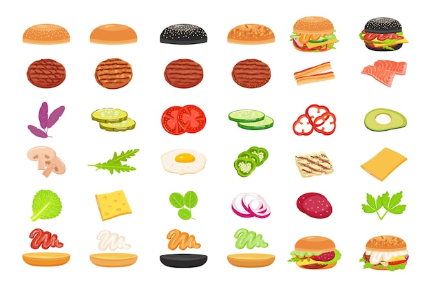 Hamburger set di icone vettore cartone animato Hamburger alimentare