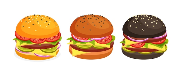 Hamburger vettoriali con set di panini di colore diverso Hamburger con pomodori al formaggio tritare la cipolla di lattuga