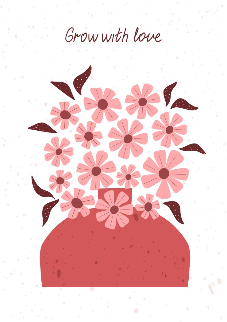 Vettore hand drawn pink flowers in a vase with inspiring quote grow with love