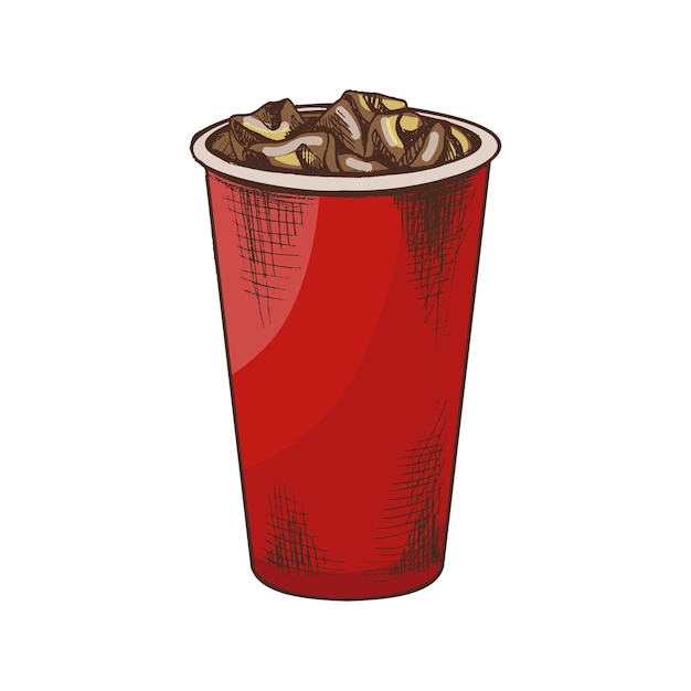 Hand drawn vintage sketch of iced soft drink in red takeaway cup colored vector illustration