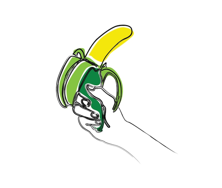 Vettore hand holding banana fruit doodle schratch la mano tiene l'illustrazione vettoriale del disegno della linea della banana