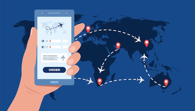 Hand with phone and mobile application for ordering tickets World map with airplanes