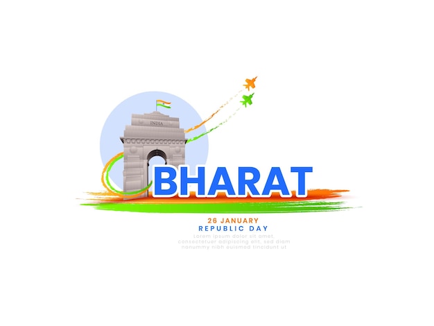 Happy Bharat Republic Day Illustrazione vettoriale creativa dello spettacolo aereo dell'India Gate e della bandiera nazionale