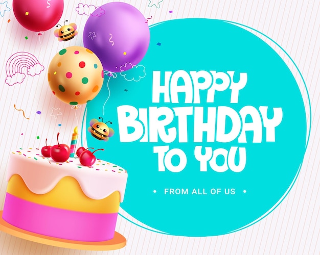 Happy birthday greeting vector template design Torta di compleanno e palloncini elementi decorazione