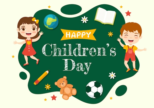 Happy Children Day Vector Illustration con Boy and Girl Kids in Toys on Background Flat Cartoon