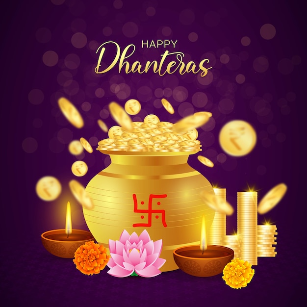 Happy Dhanteras, festival Diwali, monete d'oro ricchezza prosperità, laxmi Puja