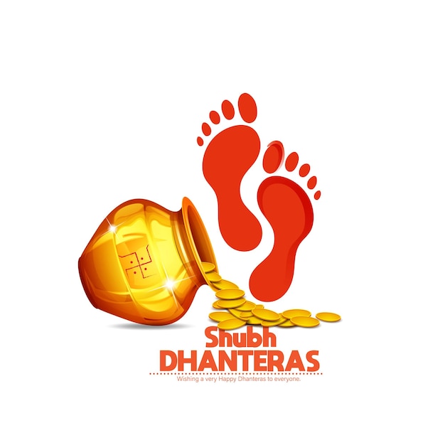 Happy Dhanteras Moneta d'oro nella pagina web, poster e banner della lampada Kalash o Pot e Diya.