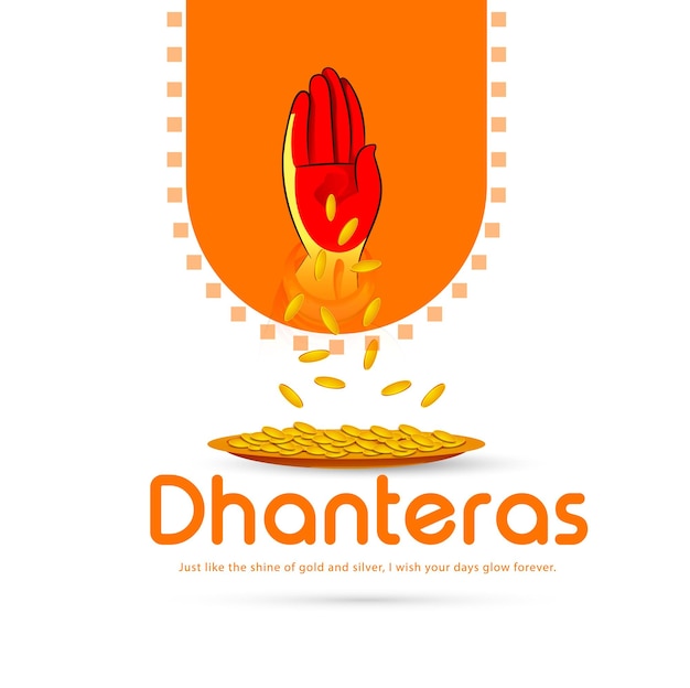 Happy Dhanteras Moneta d'oro nella pagina web, poster e banner della lampada Kalash o Pot e Diya.