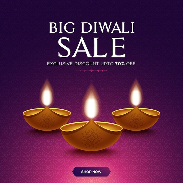 Happy Diwali Sale design con elementi di lampada a olio diya su sfondo rosa, effetto bokeh scintillante