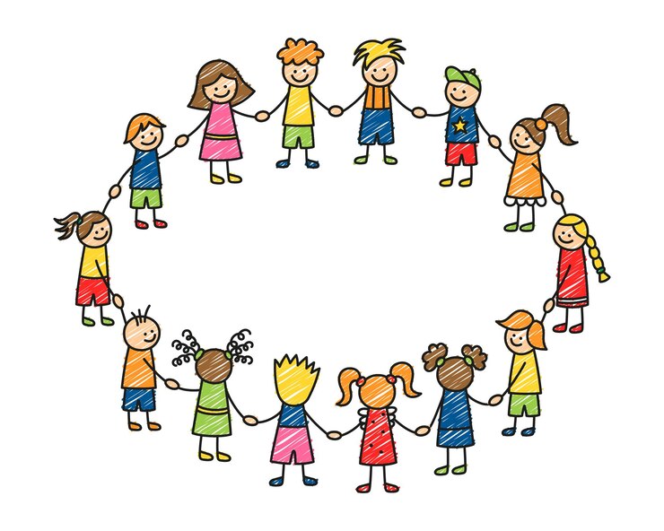 Vettore happy doodle stick bambini che tengono le mani bambini divertenti disegnati a mano in cerchio concetto di amicizia dei bambini comunità dei bambini di doodle illustrazione vettoriale isolata su sfondo bianco