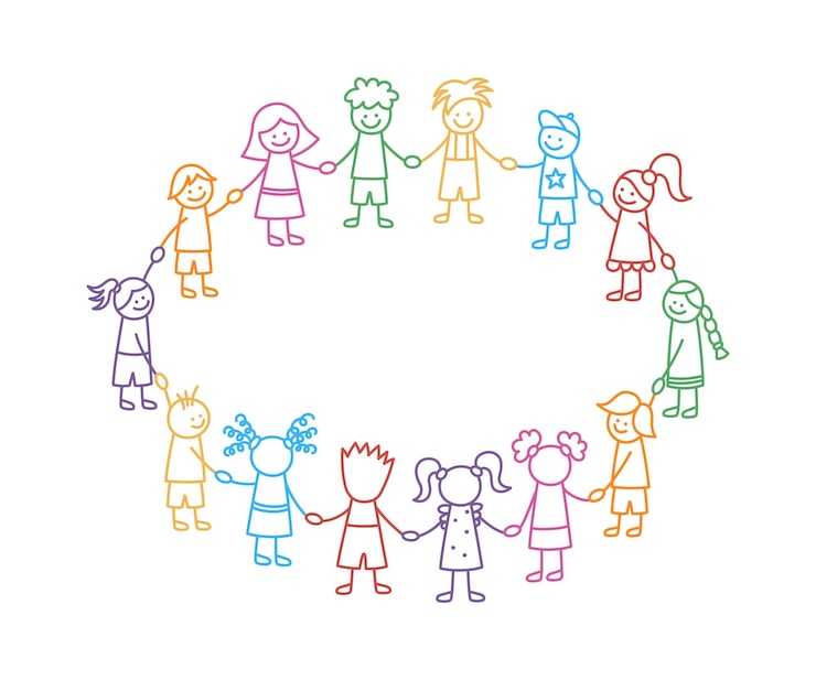 Vettore happy doodle stick bambini che tengono le mani bambini divertenti disegnati a mano in cerchio concetto di amicizia internazionale comunità di bambini doodle illustrazione lineare vettoriale isolata su sfondo bianco