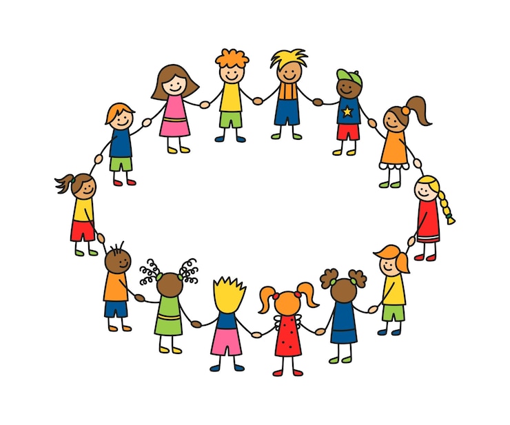 Vettore happy doodle stick bambini che tengono le mani bambini divertenti disegnati a mano in cerchio concetto di amicizia internazionale comunità di bambini doodle illustrazione lineare vettoriale isolata su sfondo bianco