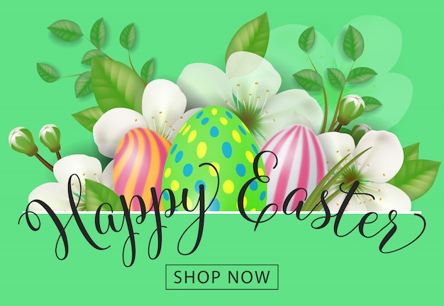 Happy Easter Shop Now lettering. Invito di vendita di Pasqua con fiori e uova.