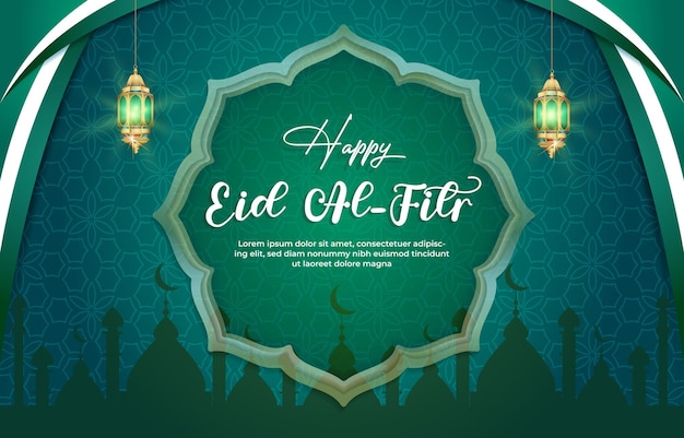 Happy Eid al-Fitr template banner con bellissimo ornamento islamico con disegno di sfondo verde 015