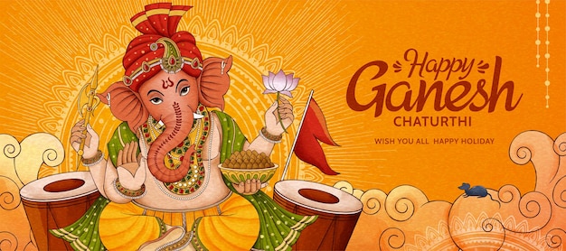 Happy Ganesh Chaturthi banner design con Ganesha e tamburi